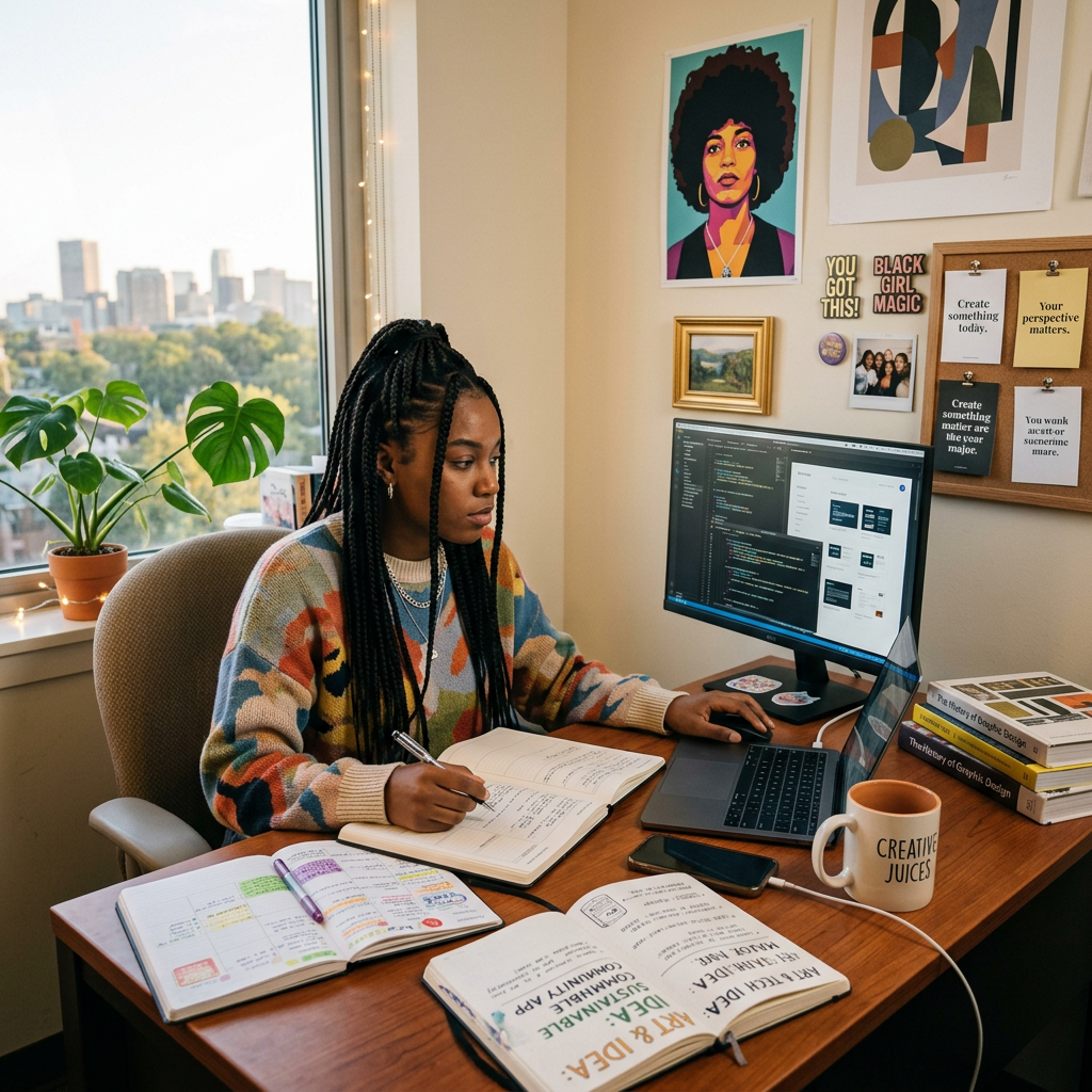 Designer working at a computer with notebooks in a home office